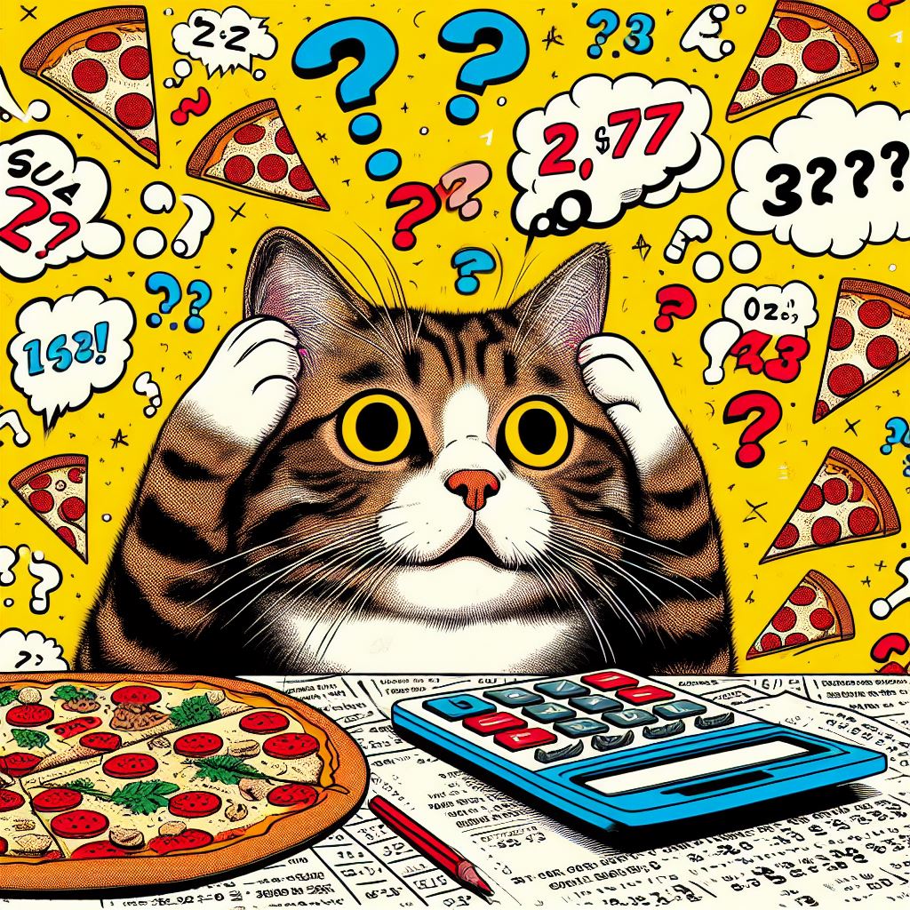 Comic-Katze mit Taschenrechner, umgeben von Pizzen und Preisen